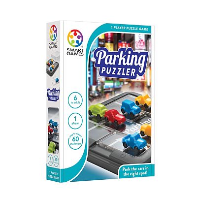 Logic puzzle game box showing small colorful toy cars on a grey parking lot board with challenge and player icons.