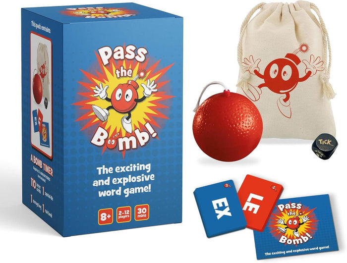 Blue game box with bomb character, red spherical timer, cloth bag, blue and red letter cards, and a black die.