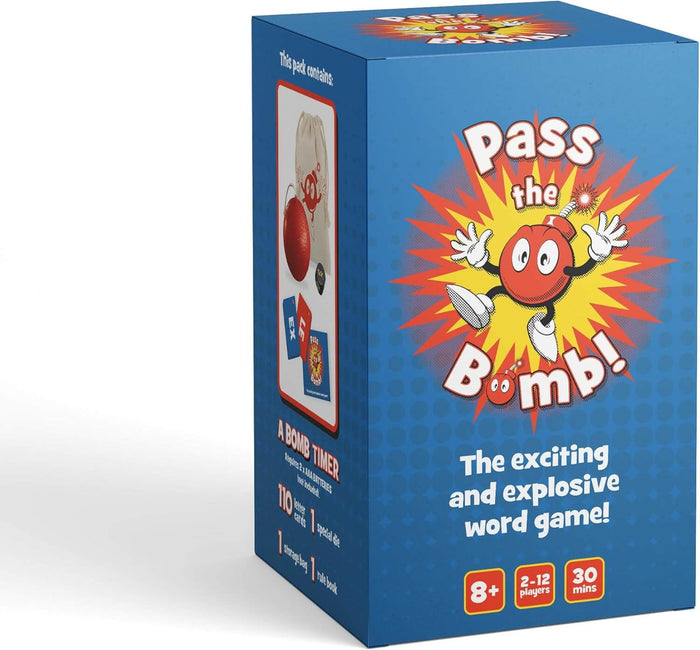 Blue game box with a red cartoon bomb on an orange explosion background. Bottom icons show player and time stats.