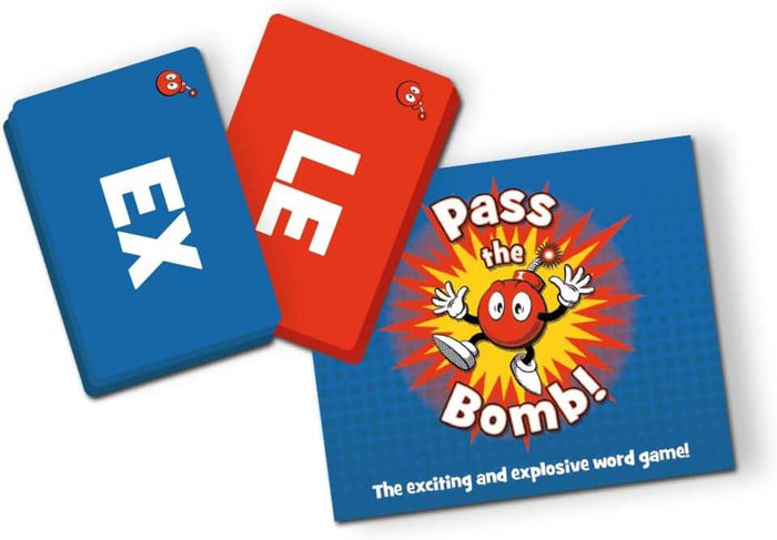 Pass the Bomb game box with cartoon bomb character next to blue and red word cards with letters EX and LE.