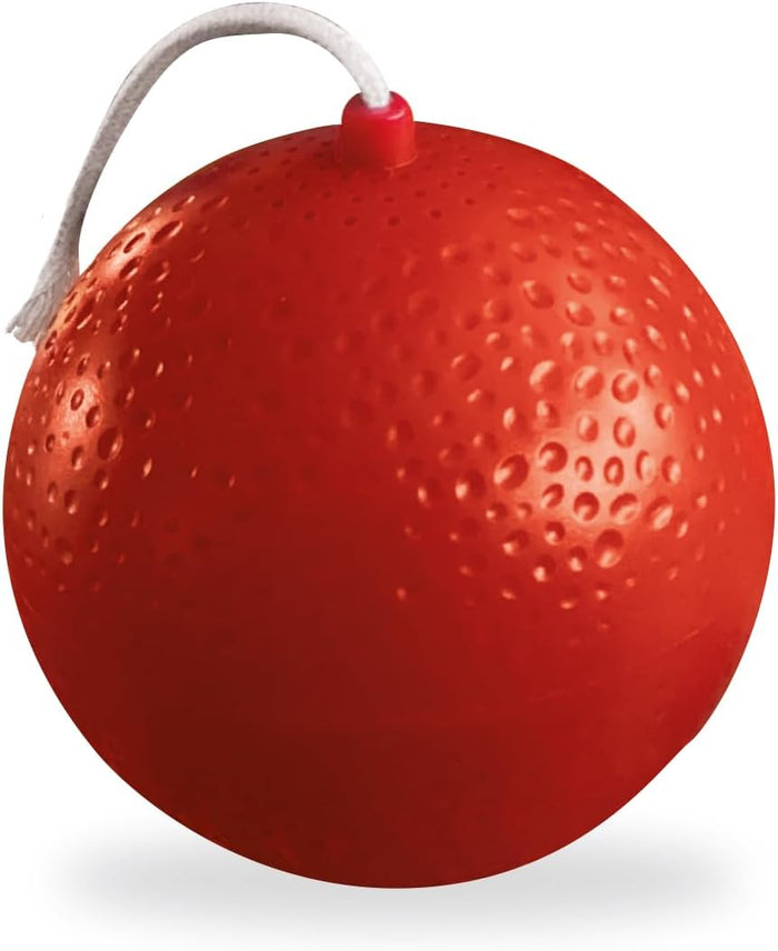 Bright red, dimpled spherical bomb toy with a white cord fuse protruding from the top.