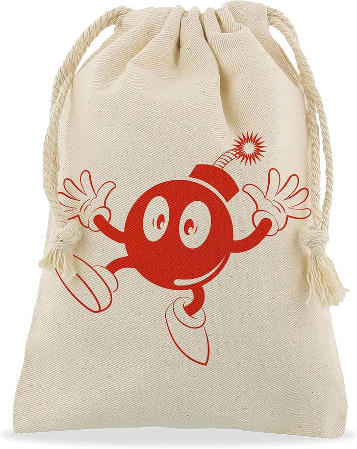 Beige cotton drawstring pouch featuring a red cartoon bomb character with a lit fuse and gloved hands.