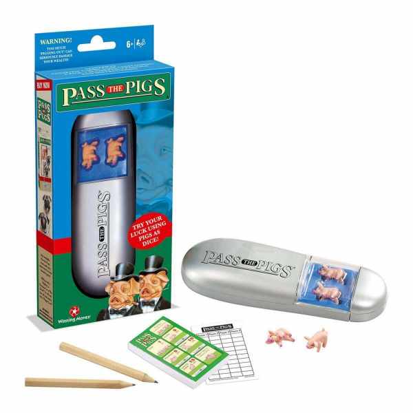 Pass the Pigs game set featuring a blue box, silver oval case, pink pig dice, scorepad, and pencils.