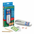 Pass the Pigs game set featuring a blue box, silver oval case, pink pig dice, scorepad, and pencils.