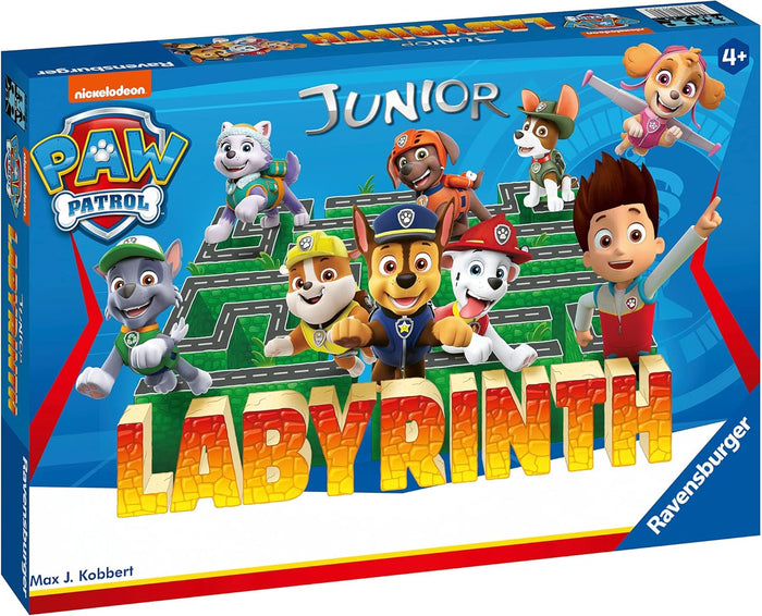 Blue board game box showing Paw Patrol pups in a green maze with large orange and yellow 3D lettering.