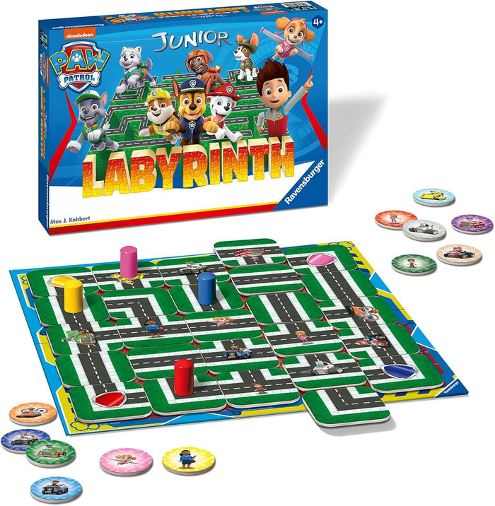 Paw Patrol Junior Labyrinth game box and board with green road tiles, colored cylinders, and character tokens.