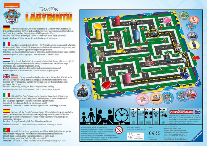 Colorful board game layout with a shifting maze, character tokens, and game play details in multiple languages.