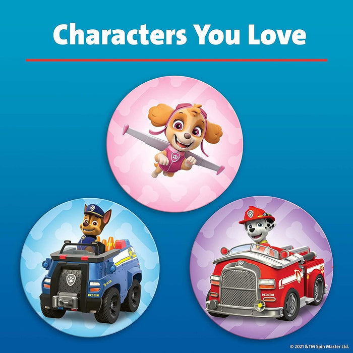 Round graphics of Paw Patrol's Skye, Chase, and Marshall in their vehicles under the headline, Characters You Love.
