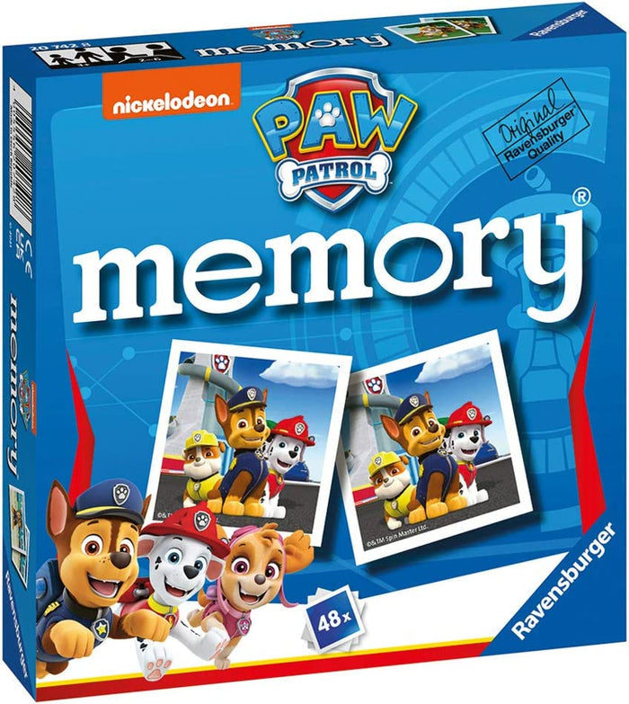 Blue square Paw Patrol memory game box with Chase, Marshall, and Skye characters and two sample matching cards.