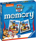 Blue square Paw Patrol memory game box with Chase, Marshall, and Skye characters and two sample matching cards.