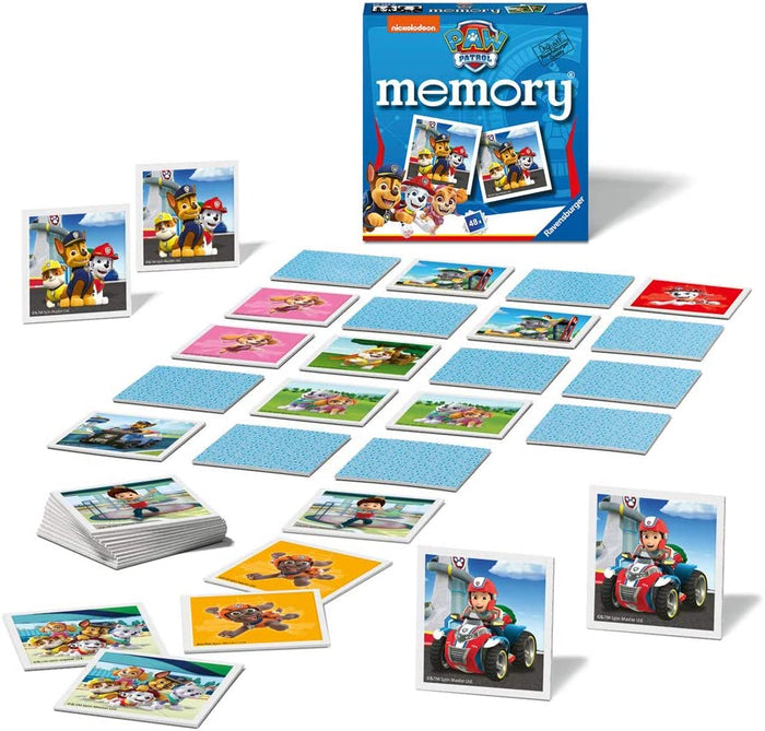 Blue Paw Patrol Memory Game box and square character tiles featuring pups and Ryder on a white background.