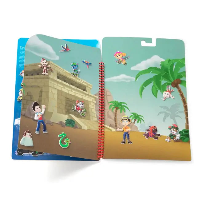 Open spiral-bound sticker book with jungle-themed background scenes and several colorful puffy PAW Patrol character stickers.