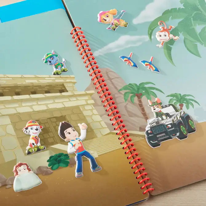 Spiral-bound sticker book featuring a jungle scene with colorful puffy PAW Patrol stickers of characters and animals.