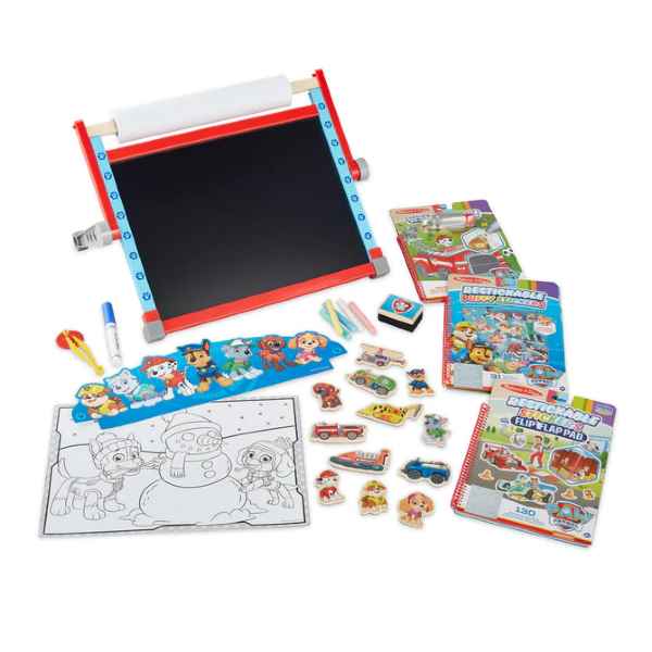 Red and blue tabletop chalkboard easel with a white paper roll, character magnets, chalk, and activity pads.