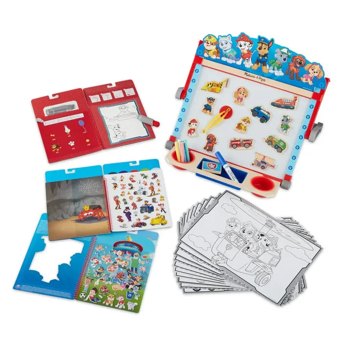 Red PAW Patrol tabletop easel with character magnets, sticker books, dry-erase marker, chalk, and coloring pages.