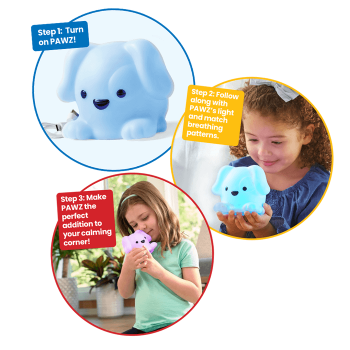Three steps showing a blue and purple light-up puppy toy guiding children through rhythmic breathing exercises.
