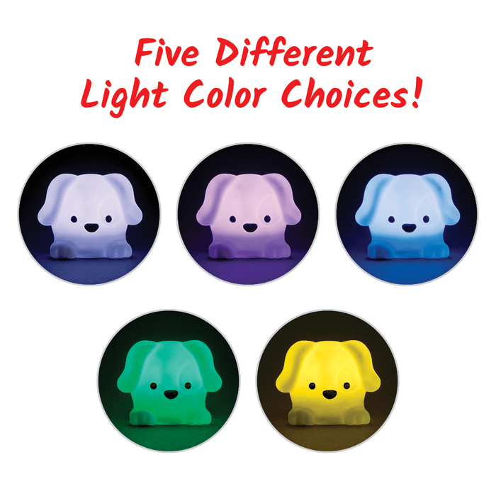 Five circular images showing a dog-shaped nightlight glowing in white, purple, blue, green, and yellow.