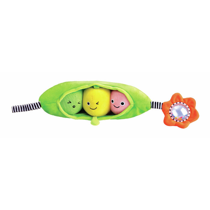 Green plush pea pod with three colorful peas inside and an orange flower mirror rattle attached.