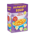 Purple box with yellow Alphabet Soup text, showing a blue bowl of soup with letter noodles and white letter dice.