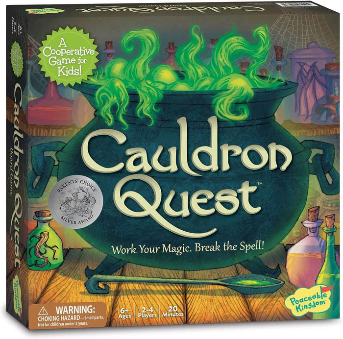 Game box for Cauldron Quest featuring a large bubbling green cauldron, colorful potion bottles, and a wooden ladle.