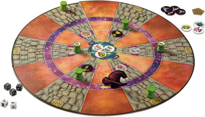 Round board game with radial stone paths, green markers, a witch hat, and potion tokens around a central cauldron.