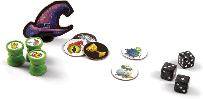 Game pieces: purple wizard hat cutout, three green pawns with icons, illustrated round tokens, and three black dice.