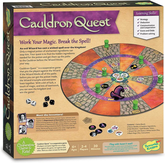 Back of a purple game box showing a circular board with stone paths, green potion bottles, a wizard hat, and dice.