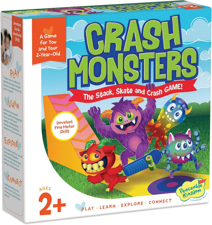 Colorful game box for ages 2 plus with four cartoon monsters on a skate ramp and bold green Crash Monsters lettering.