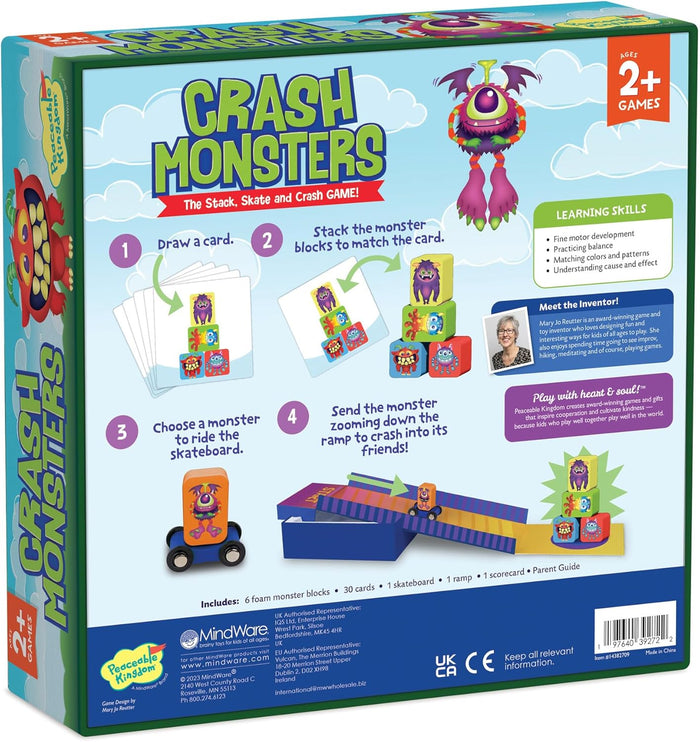 Back of toy box showing colorful monster blocks, a ramp, a skateboard, and game instructions for ages 2 and up.