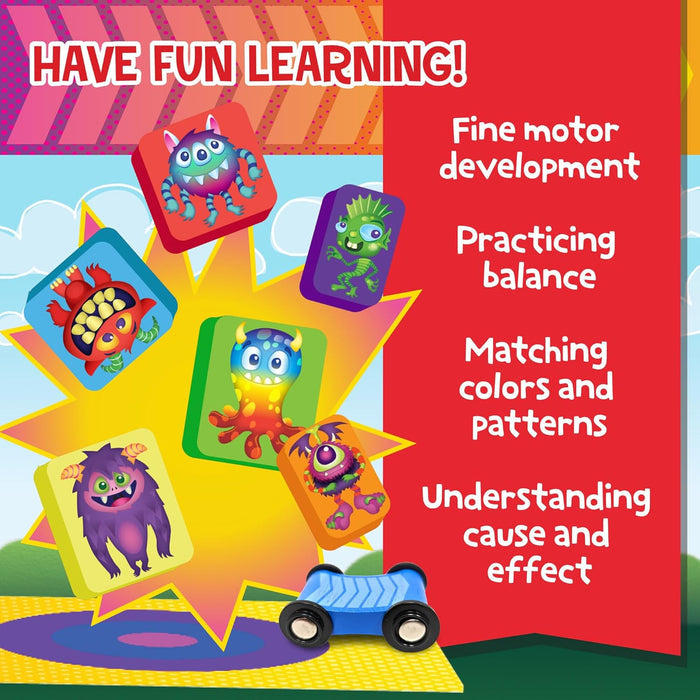 Six colorful monster blocks and a blue wooden car base on a red graphic background listing educational benefits.