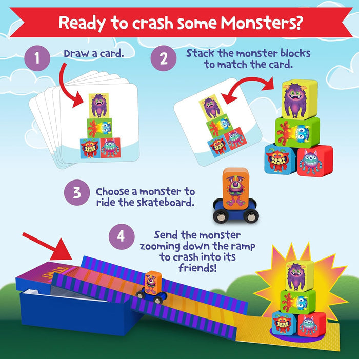 Infographic shows stacking colorful wooden monster blocks and launching a monster on a skateboard down a striped ramp.