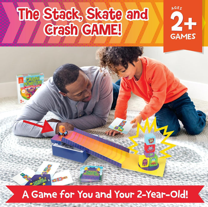 Father and toddler play with a colorful monster-themed car ramp and block stacking game on a rug.