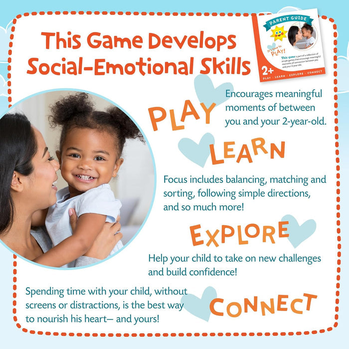 Infographic showing a mother and child. Text highlights play, learn, explore, and connect for social-emotional development.