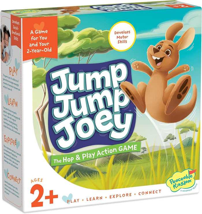 Jump Jump Joey game box featuring a happy jumping kangaroo in a grassy meadow, for toddlers ages 2 plus.