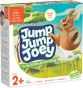 Jump Jump Joey game box featuring a happy jumping kangaroo in a grassy meadow, for toddlers ages 2 plus.