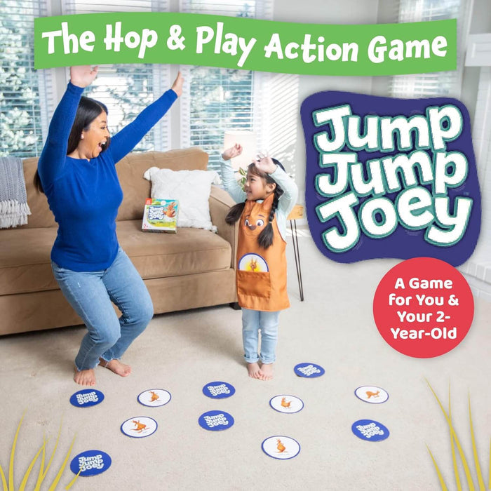Woman and child jump on floor mats with kangaroo icons, with the Jump Jump Joey logo and game box visible.