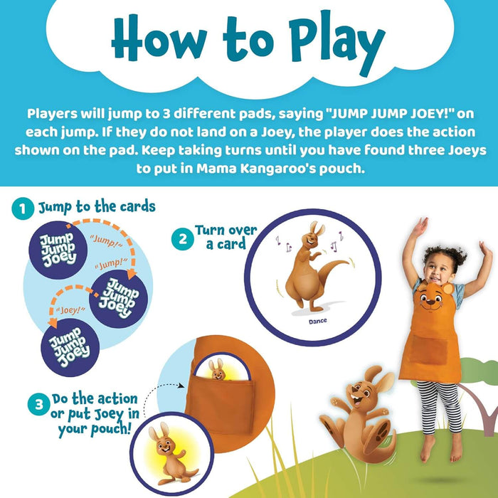 Instructional graphic with blue jump pads, action cards, and a child in an orange kangaroo apron putting a joey in a pouch.
