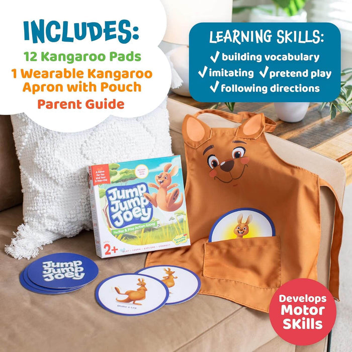 Toddler game set with an orange kangaroo-face apron, circular game pads, and game box displayed on a sofa.
