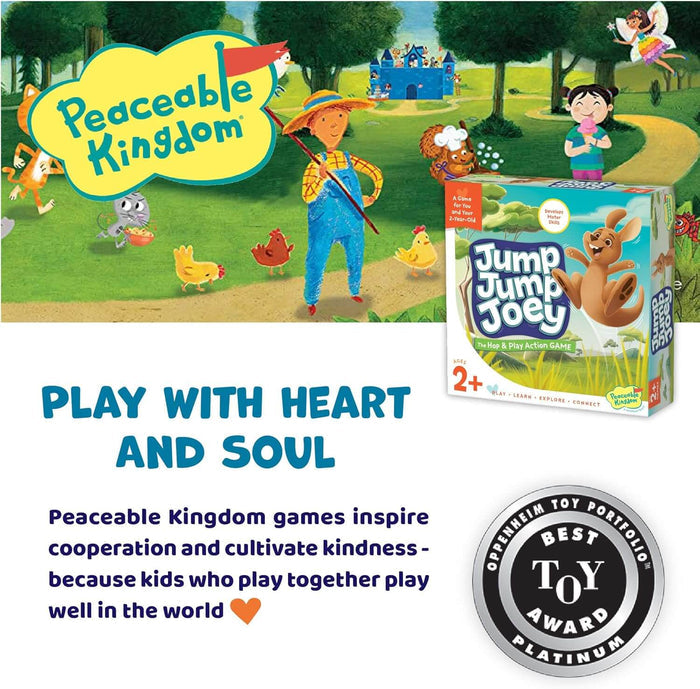 Blue and green Jump Jump Joey game box featuring a kangaroo next to a whimsical farm scene and platinum award seal.