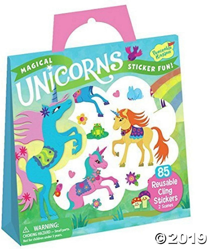 Blue tote with pink handle featuring bright unicorns, a frog, and a rainbow. Includes 85 reusable cling stickers.
