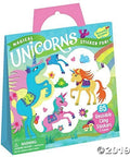 Blue tote with pink handle featuring bright unicorns, a frog, and a rainbow. Includes 85 reusable cling stickers.