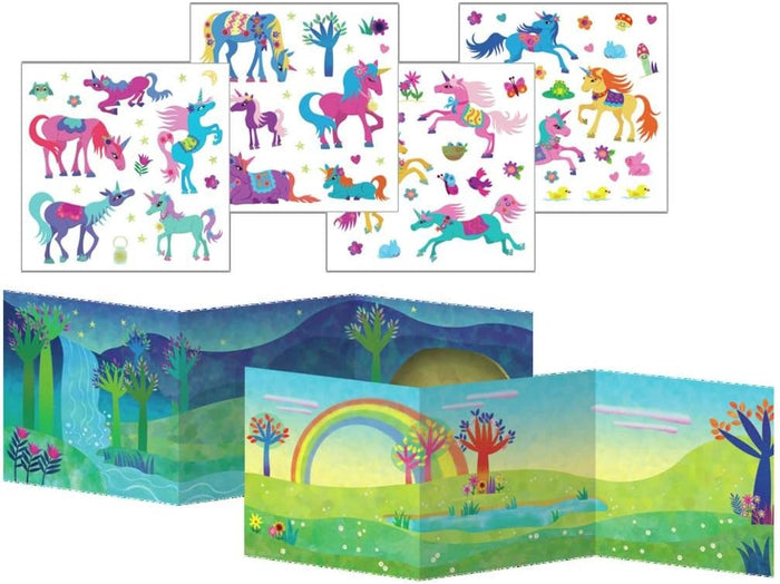 Sheets of colorful unicorn stickers with two fold-out landscape play scenes featuring a rainbow and waterfall.
