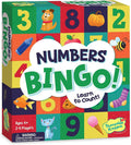 Colorful square game box for Numbers Bingo with a grid of numbers and cute illustrations of a dog, bee, and cat.