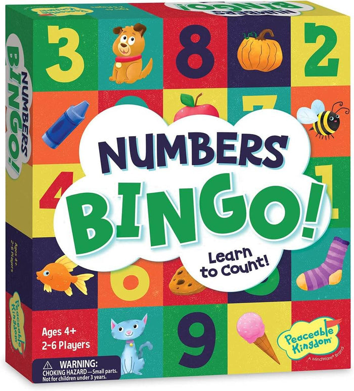Colorful square game box for Numbers Bingo with a grid of numbers and cute illustrations of a dog, bee, and cat.