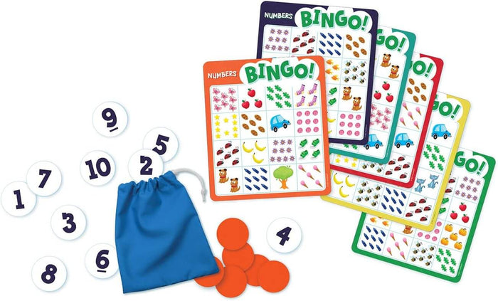 Colorful bingo cards with counting illustrations, numbered white tokens, orange markers, and a blue storage bag.