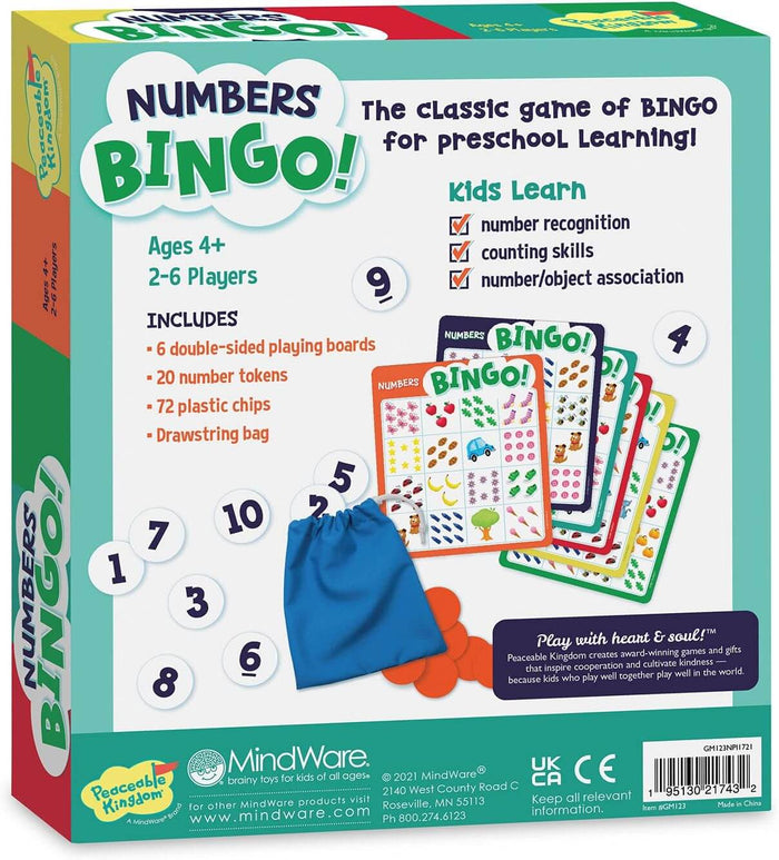 Back of teal game box displaying colorful bingo cards, numbered tokens, orange chips, and a blue drawstring bag.
