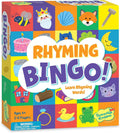 Brightly colored square box for Rhyming Bingo with a grid of cartoon icons and bold text on a white cloud.
