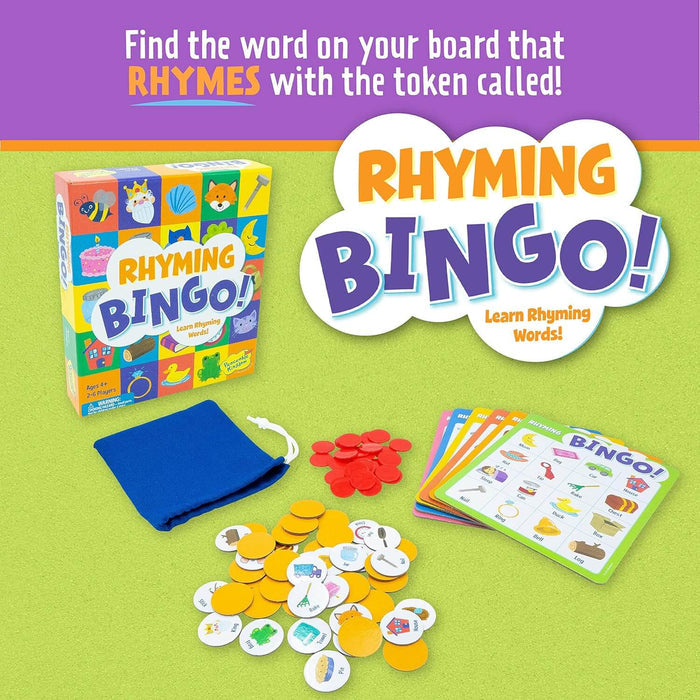 Bingo game featuring a colorful box, yellow picture tokens, red chips, and game boards on a green background.