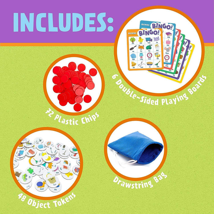 Bingo set includes 6 colorful boards, 72 red plastic chips, 48 round object tokens, and a blue drawstring bag.