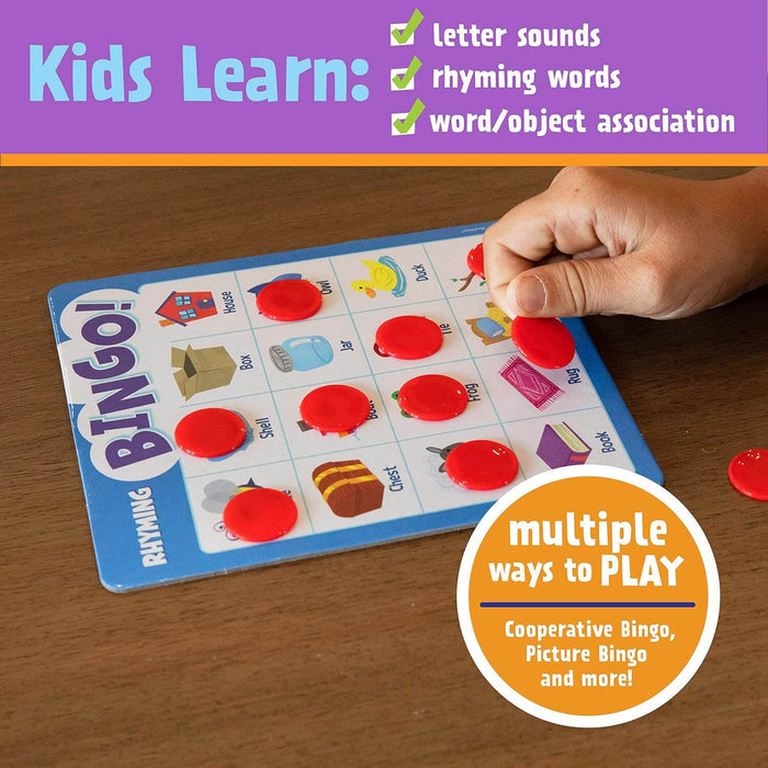 A blue rhyming bingo card with red plastic markers and colorful pictures. Text highlights skills like letter sounds.